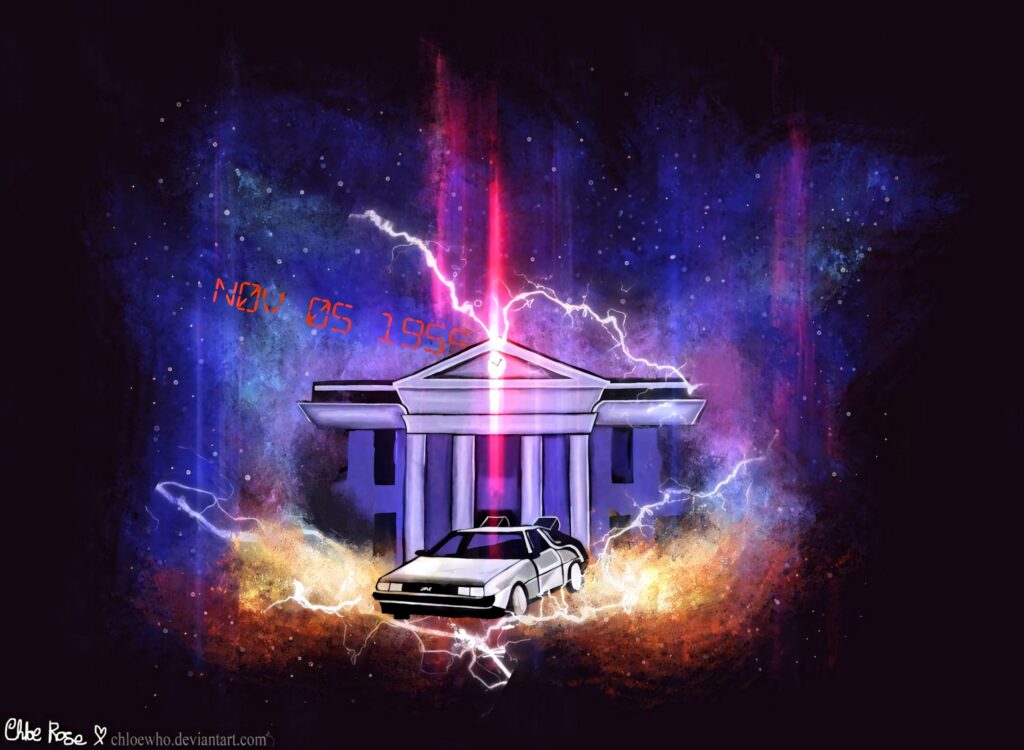 Back To The Future fan art wallpaper DeLorean lightning cosmic background digital date display