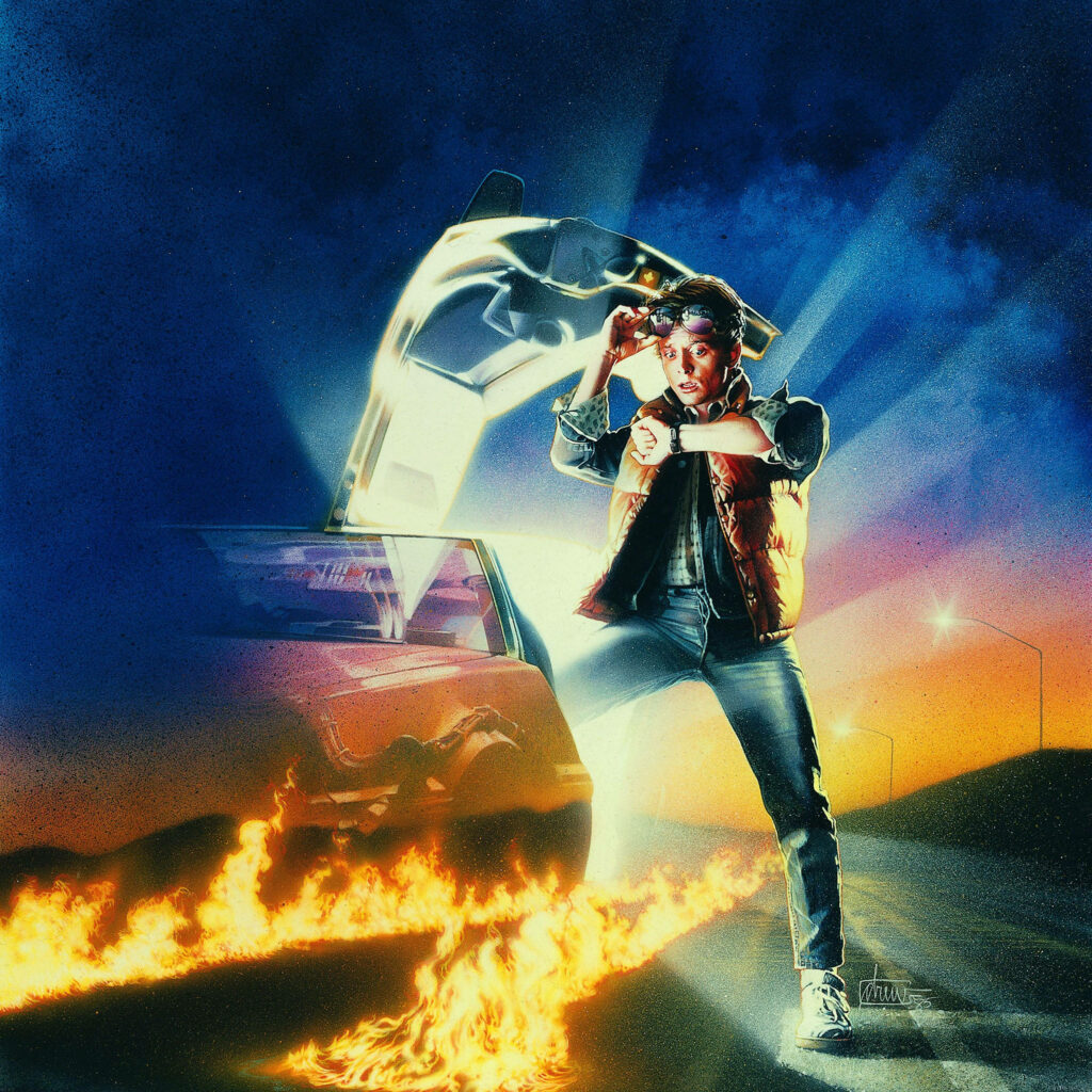 Back To The Future wallpaper with Marty McFly exiting DeLorean and fiery time travel trail