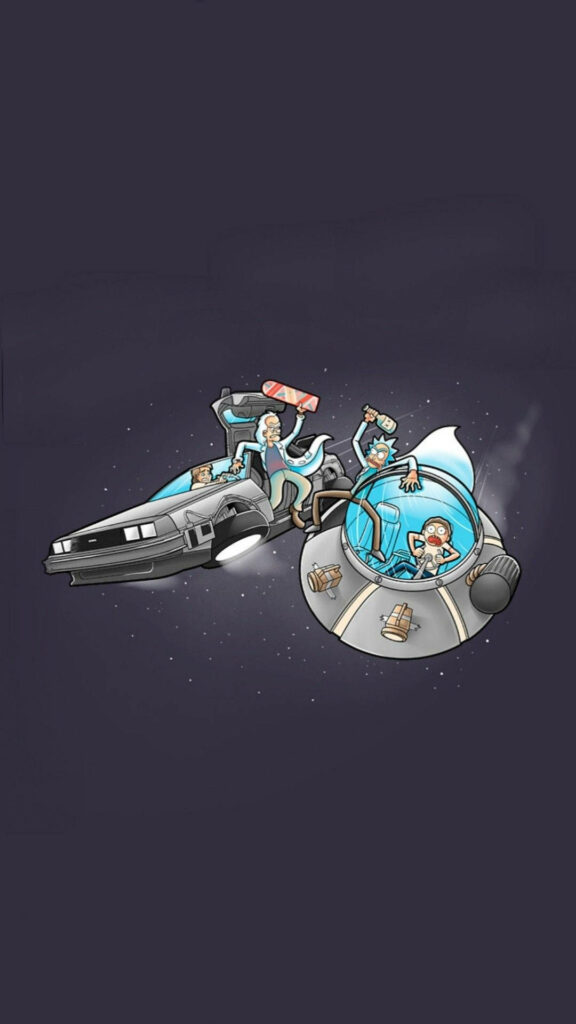Back To The Future and Rick and Morty crossover wallpaper with Doc Brown Marty McFly racing