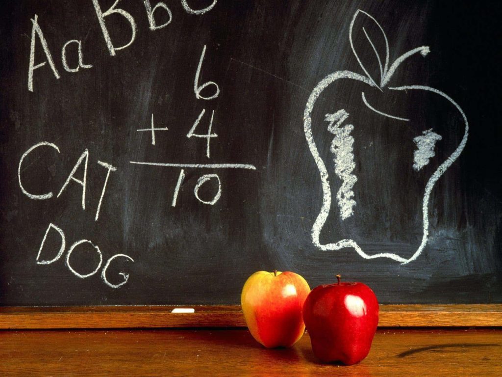 Two fresh apples on wooden desk with chalkboard alphabet math and apple sketch background Wallpaper