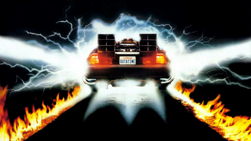 DeLorean from Back To The Future racing with lightning and flaming tire tracks wallpaper background