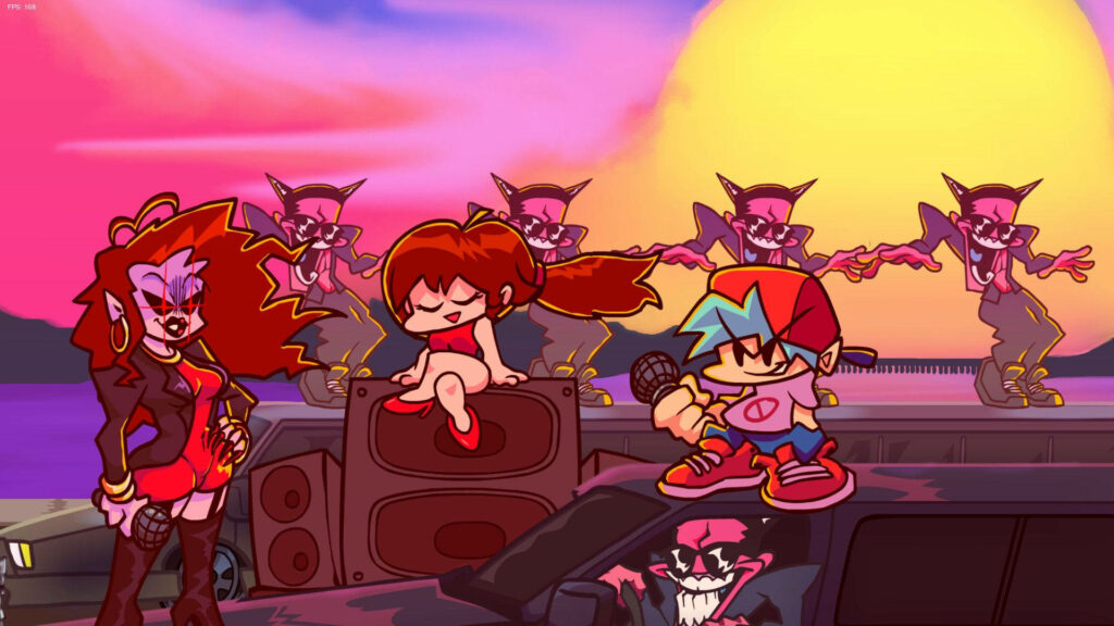 Syncing Beats at Sunset: Majestic Fnf Characters Strike a Pose Wallpaper