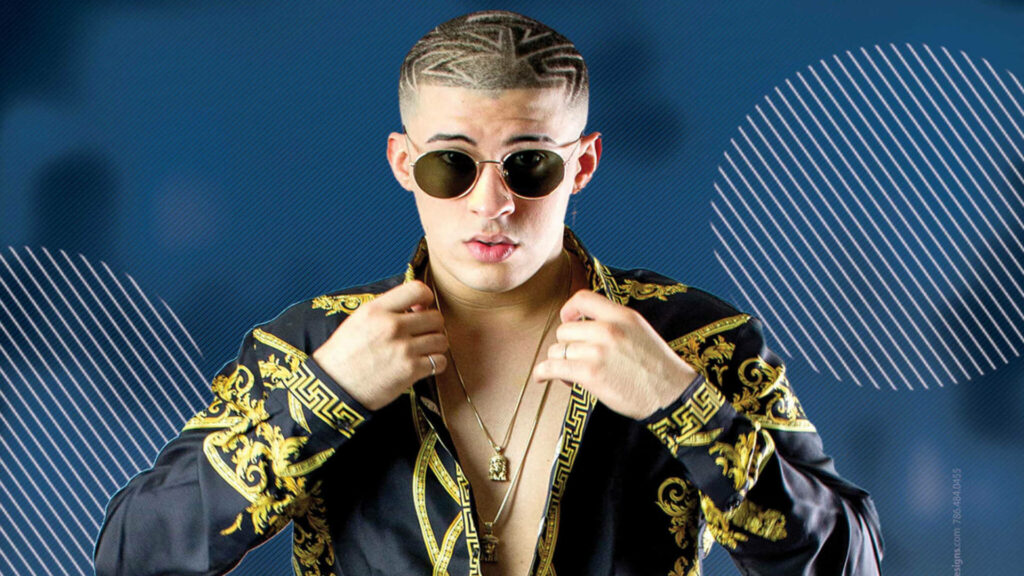 Bad Bunny in black and gold polo shirt with sunglasses and signature hairstyle wallpaper background