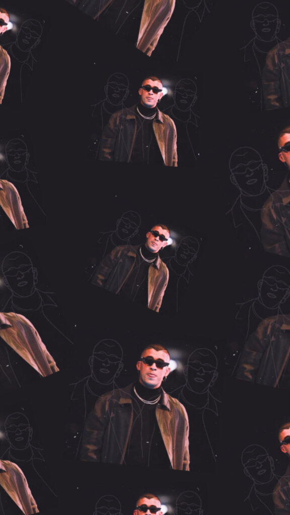 Bad Bunny in dark brown leather jacket bold modern style Puerto Rican rapper wallpaper background