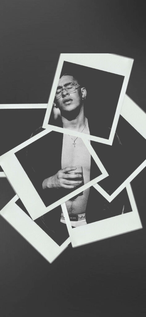 Greyscale Bad Bunny wallpaper with overlapping Polaroid photos highlighting his signature look