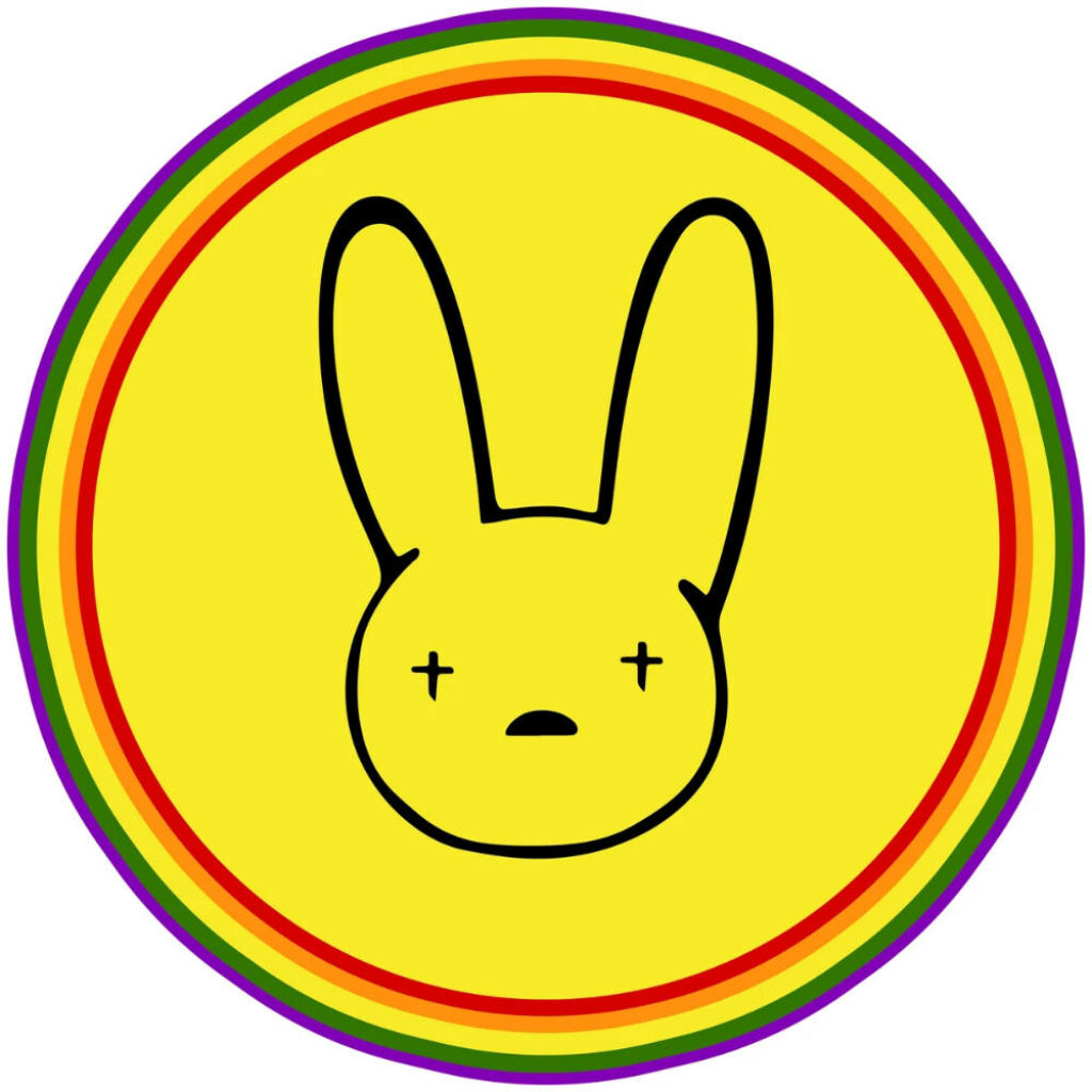 Bad Bunny logo with black bunny face in yellow circle outlined in green red purple stripes wallpaper