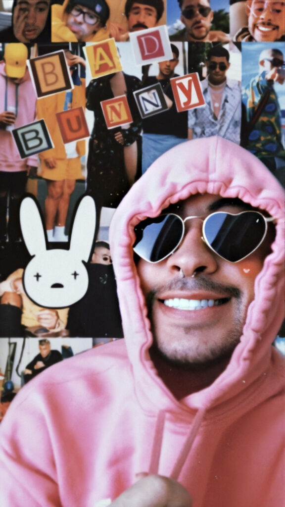 Bad Bunny in pink hoodie and sunglasses smiling with vibrant collage of his photos and graphics Wallpaper