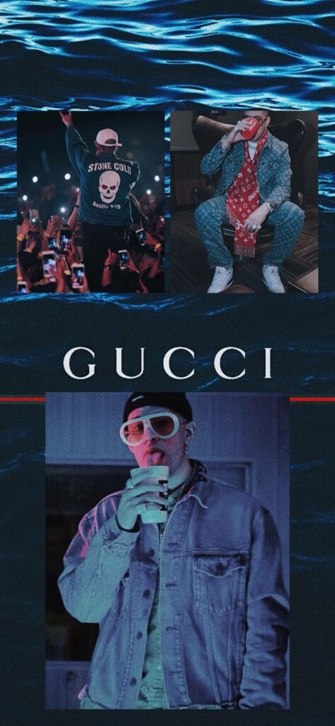 Bad Bunny in bold Gucci outfit vibrant wallpaper showcasing Puerto Rican rapper fashion style