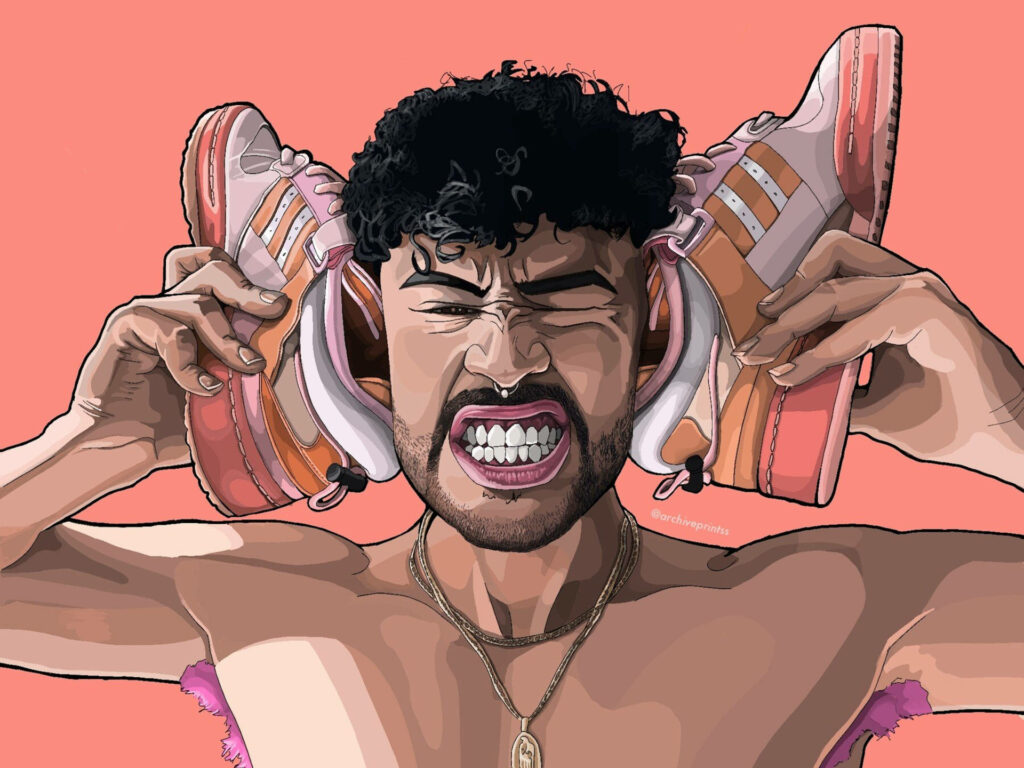 Bad Bunny vibrant vector art holding colorful sneakers pink background Puerto Rican rapper wallpaper