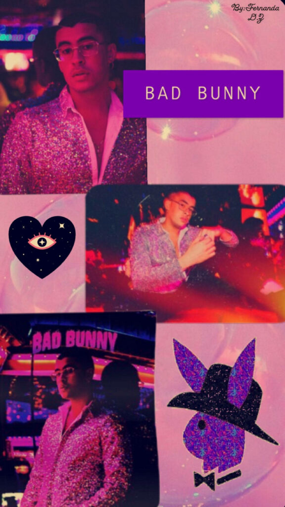 Puerto Rican rapper Bad Bunny with sparkling purple Playboy Bunny logo and neon background wallpaper