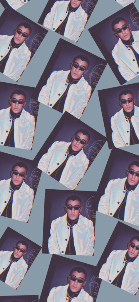 Repeated Bad Bunny wallpaper wearing white jacket and sunglasses on a modern blue background