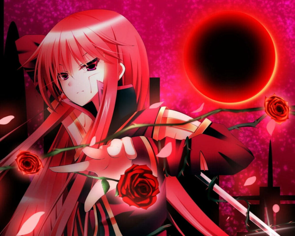 Edgy Anime Wallpaper: Red-Haired Bad Girl with Rose & Eclipse