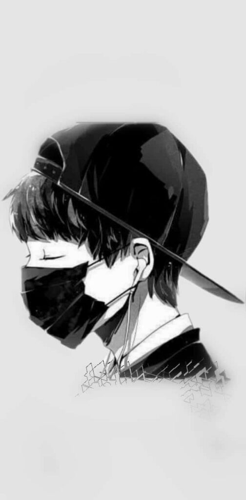 The Enigmatic Rebel: Anime Youth Sporting a Mask and a Cool Cap in Captivating Monochrome Wallpaper