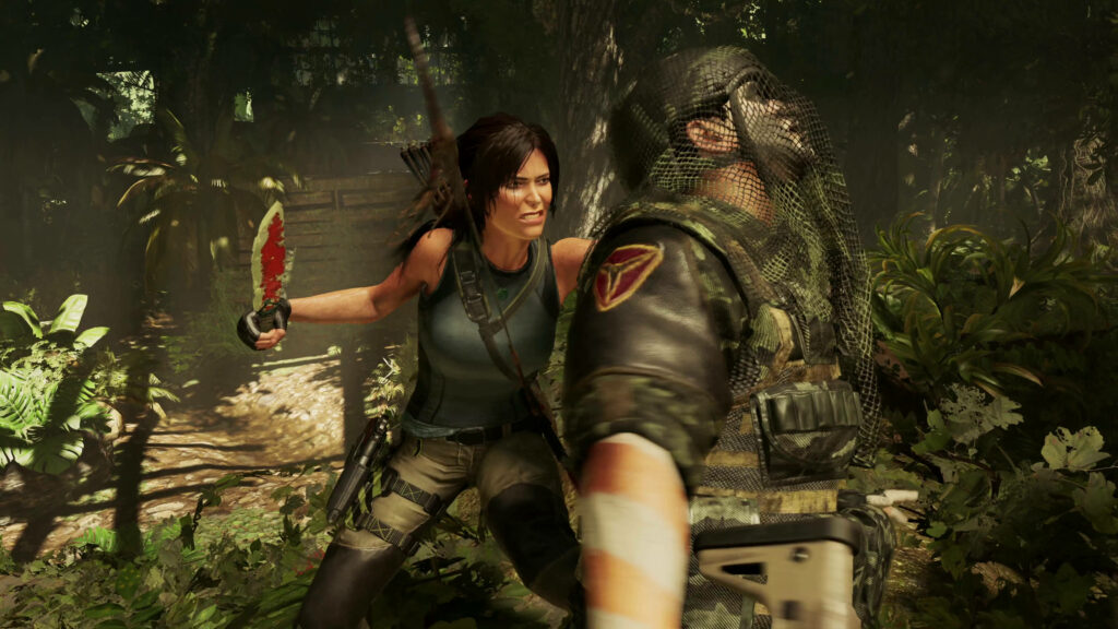 Lara Croft's Savage Confrontation: Decimating an Enemy in the Jungle - Shadow of the Tomb Raider Wallpaper