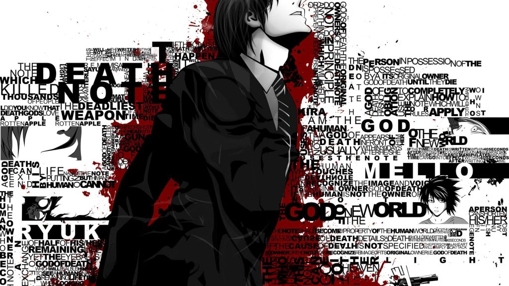 Death Note wallpaper with Light Yagami monochrome portrait blood red accents anime rules text