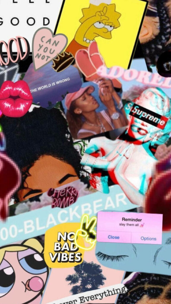 Baddie Vibes: An Eye-Catching iPhone Collage Bursting with Edgy Cuts and Animated Icons Wallpaper