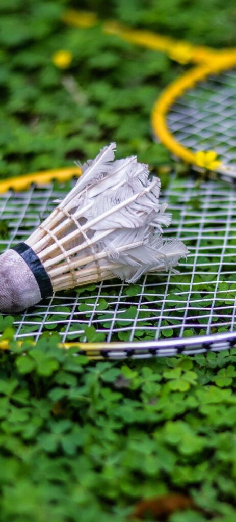 Vibrant Yellow Rackets Amidst Lush Green Clover, accompanied by a Weathered Shuttlecock Wallpaper