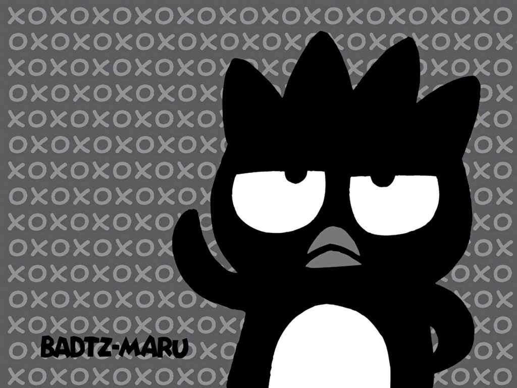 Greyscale Badtz-Maru wallpaper with mischievous expression and repeating X O pattern background