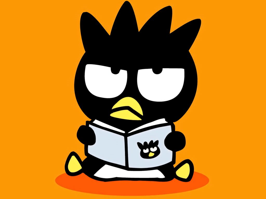 Sanrio Badtz-Maru reading book sitting on bright orange background playful wallpaper