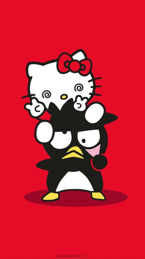Badtz-Maru carrying dizzy Hello Kitty on shoulders with bright red background wallpaper