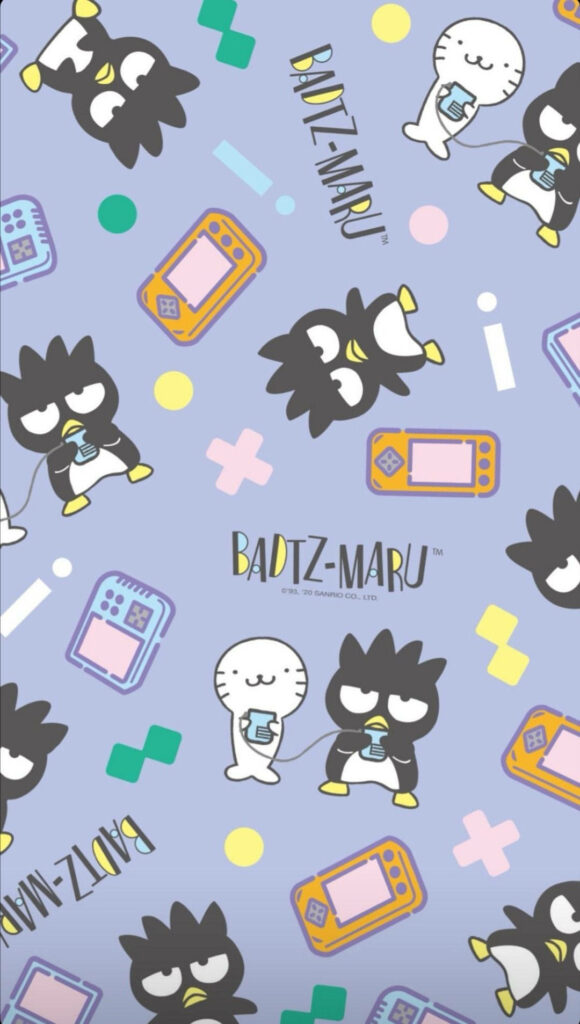 Sanrio Badtz-Maru Hana-Maru playful pattern with colorful game consoles on lavender background Wallpaper
