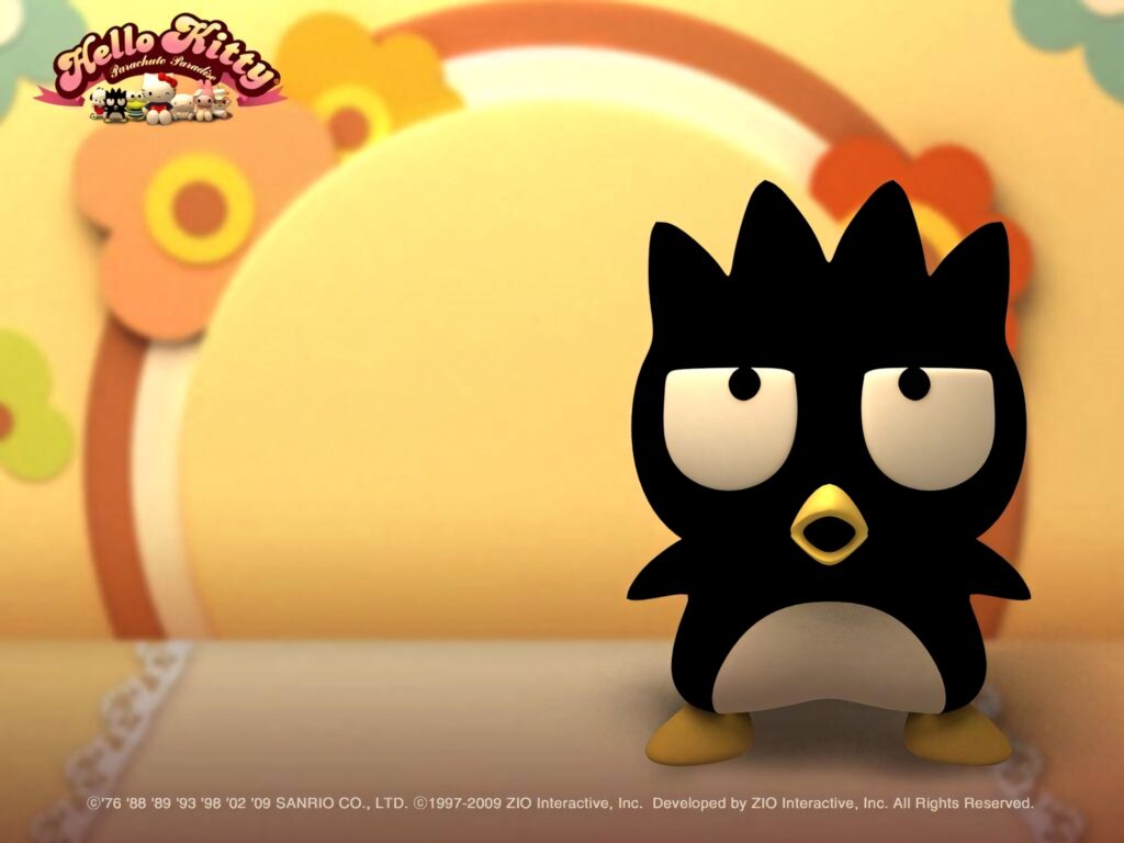 Badtz-Maru with colorful floral background and playful Hello Kitty logo wallpaper design