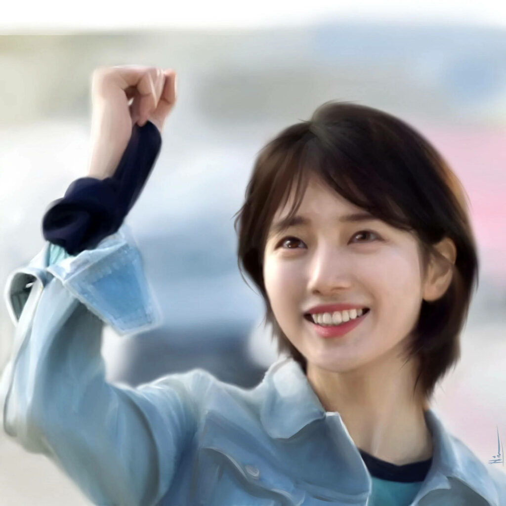 Bae Suzy from Miss A smiling with short hair raising fist optimistic digital art wallpaper