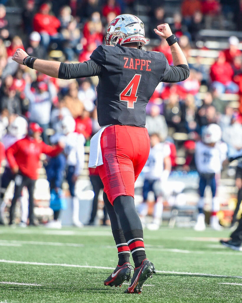 Bailey Zappe celebrating in Western Kentucky football uniform showing energy and determination Wallpaper