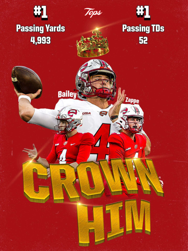 Bailey Zappe in action red wallpaper showcasing passing yards and touchdowns leader Crown Him text