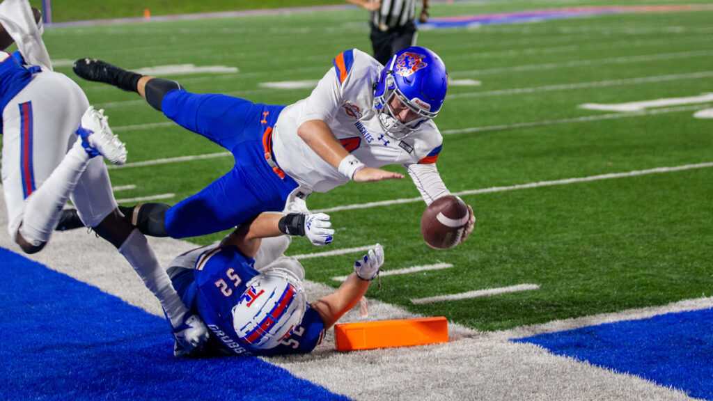 Bailey Zappe diving into end zone showing intense football action and athletic determination wallpaper