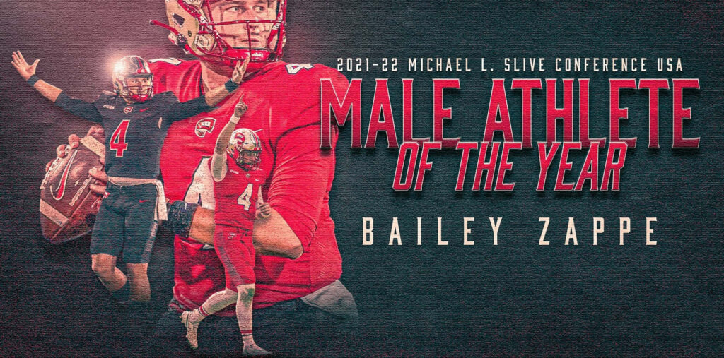 Bailey Zappe dynamic collage wallpaper celebrating 2021-22 Michael L Slive Conference USA Male Athlete