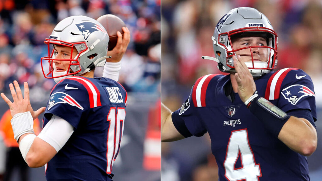 Bailey Zappe New England Patriots quarterback focused in action during football game wallpaper