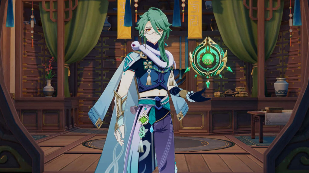 Baizhu from Genshin Impact in flowing robes holding catalyst in decorated magical room wallpaper