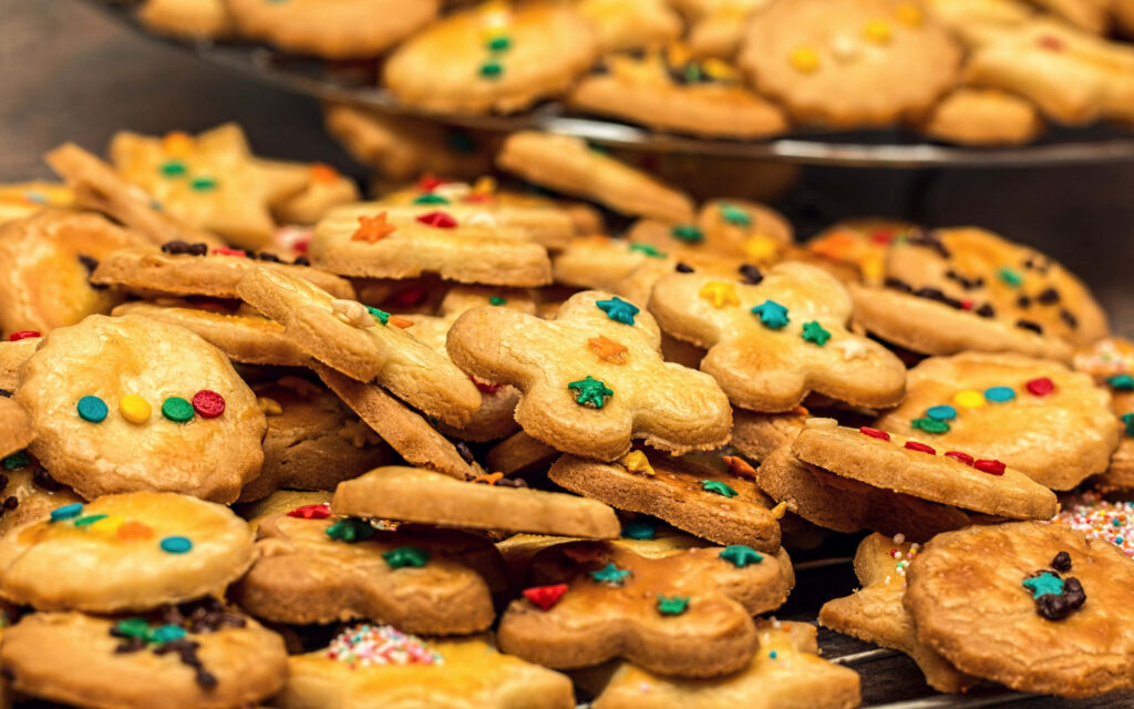 Colorful Shapes Delight: Tempting Baked Cookies with Vibrant Toppings - Perfect 4K Resolution Background Wallpaper
