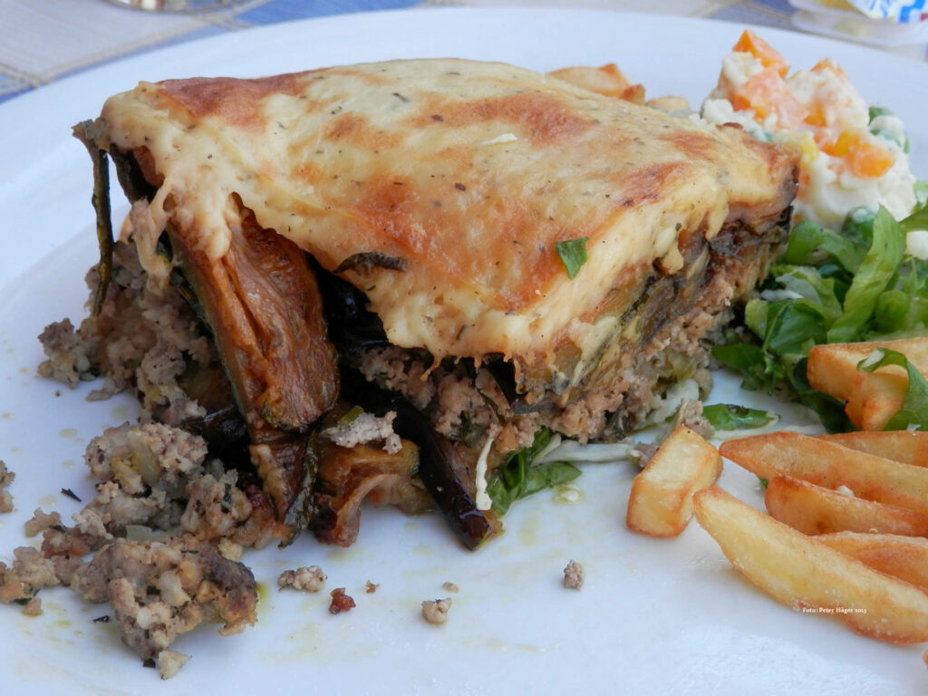 Delicious Baked Moussaka with Cheese, Fries & Salad | Wallpaper Background