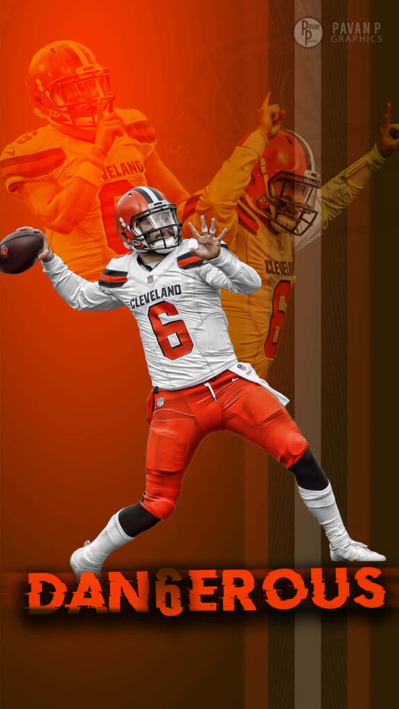 Baker Mayfield in action wallpaper with intense orange design and bold Dangerous text background