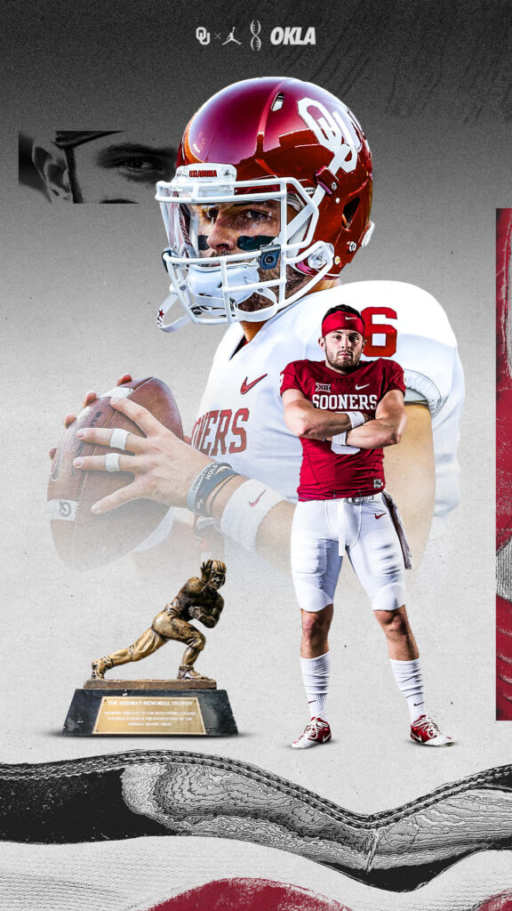 Baker Mayfield Oklahoma Sooners collage with Heisman Trophy and football full-body pose wallpaper