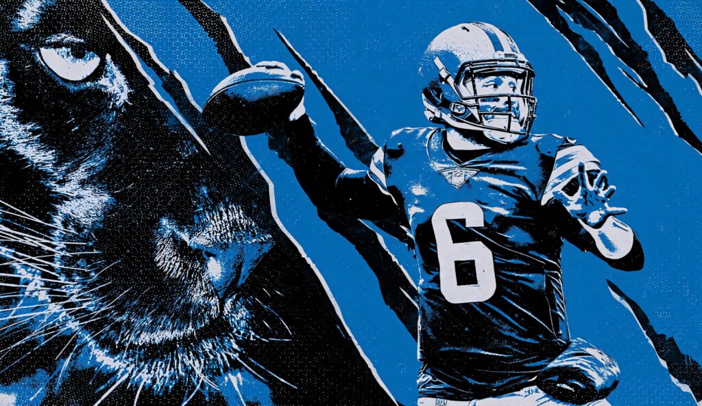 Baker Mayfield in Carolina Panthers uniform with fierce panther on vibrant blue wallpaper background