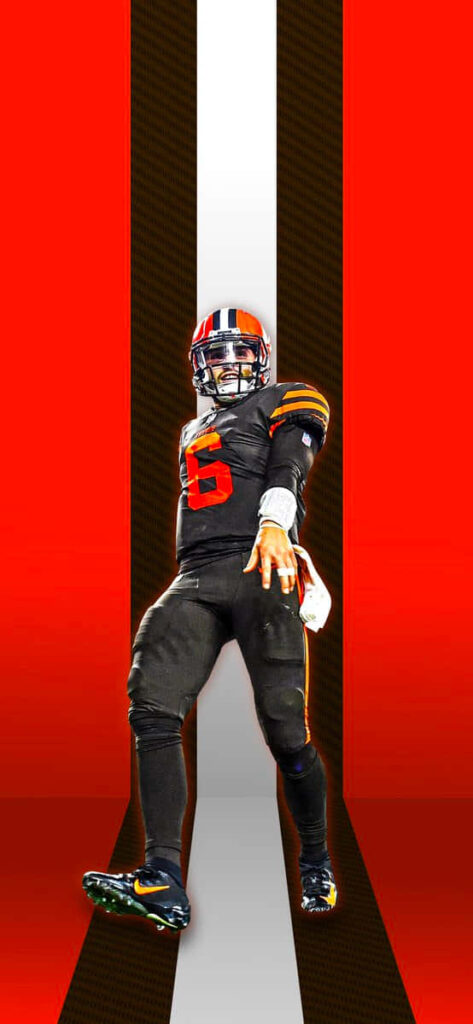 Cleveland Browns QB Baker Mayfield in action dynamic wallpaper with team colors and stripes background