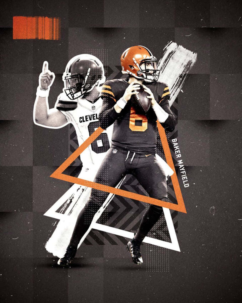 Baker Mayfield Cleveland Browns quarterback in action with bold geometric background wallpaper