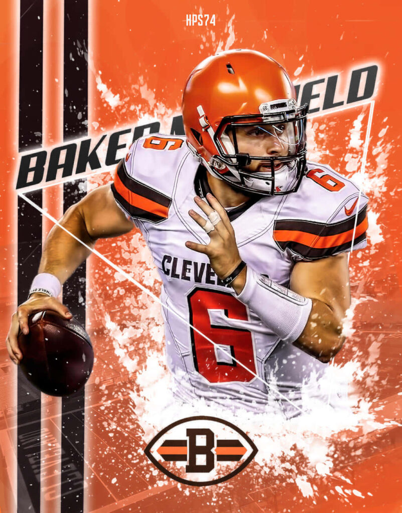 Cleveland Browns quarterback Baker Mayfield in action on bold orange splatter team wallpaper