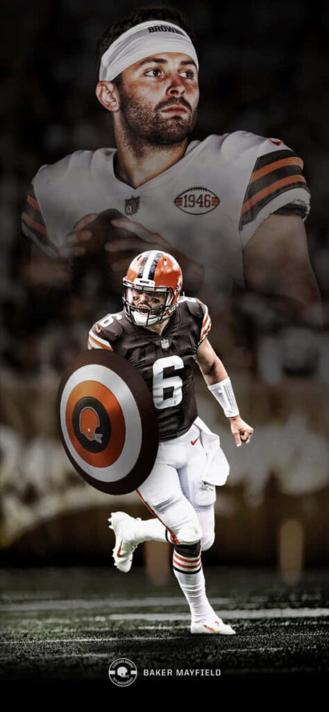 Baker Mayfield Cleveland Browns wallpaper charging forward with shield and determined portrait background