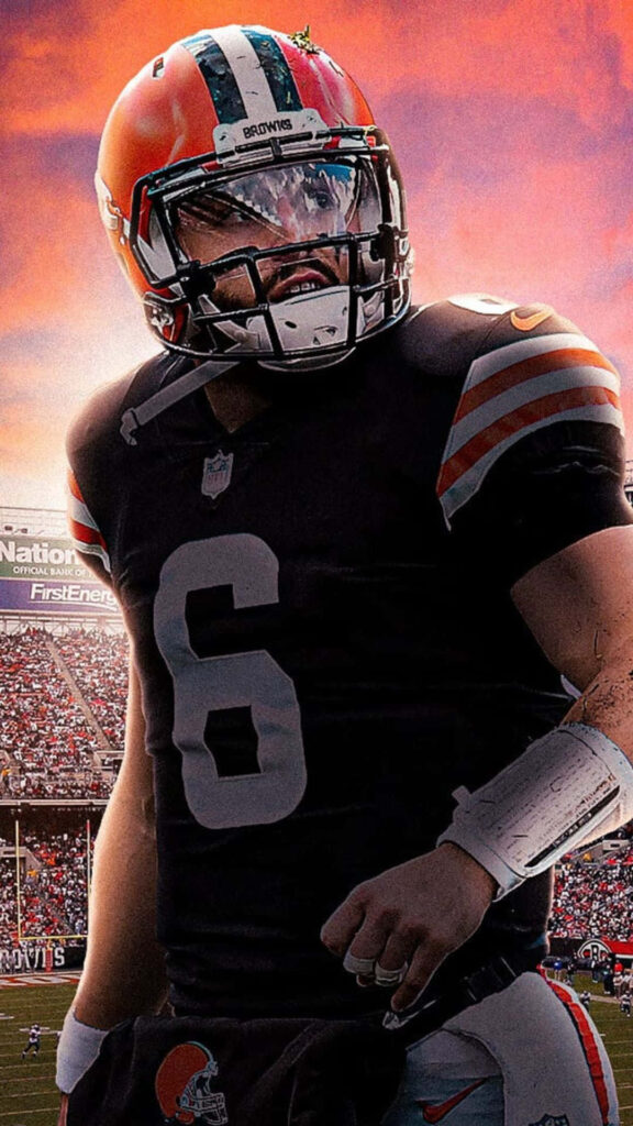 Baker Mayfield in black number 6 uniform ready on football field with dramatic sunset sky background Wallpaper