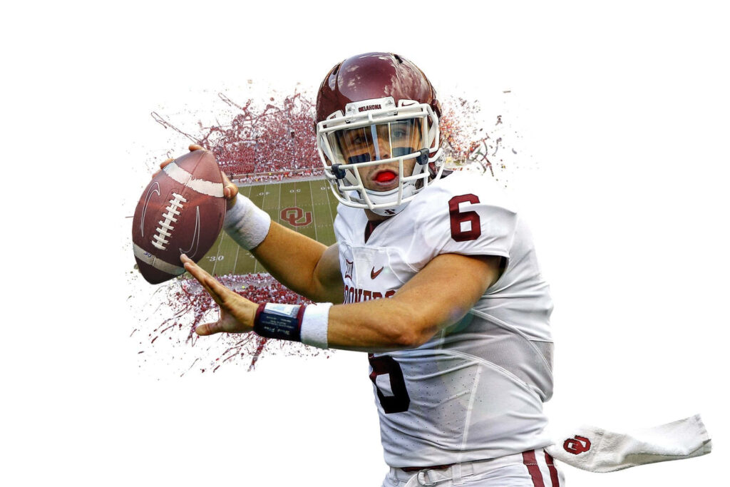 Baker Mayfield throwing football on Oklahoma Sooners field with dynamic energetic backdrop wallpaper