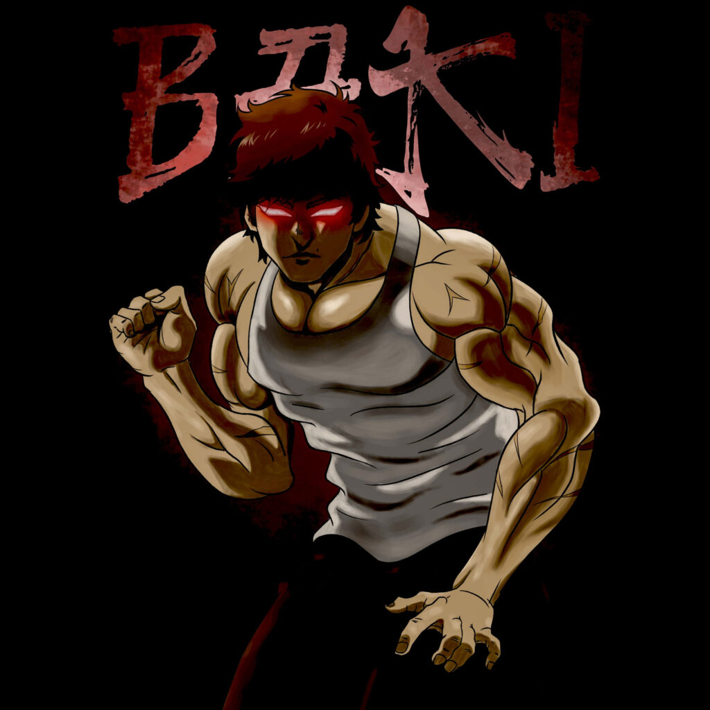 Baki Hanma intense fighting stance glowing red eyes muscular body dark background wallpaper
