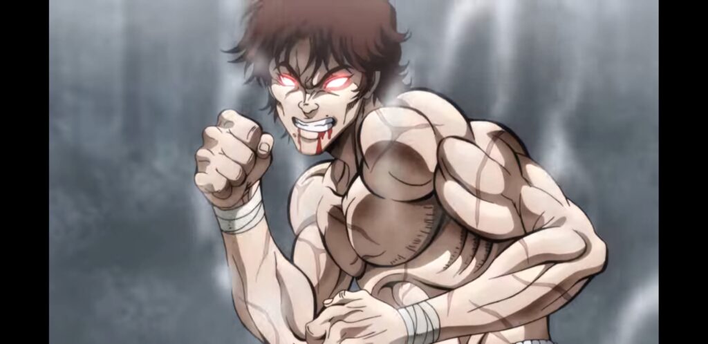 Baki Hanma intense angry expression glowing red eyes powerful physique dynamic wallpaper