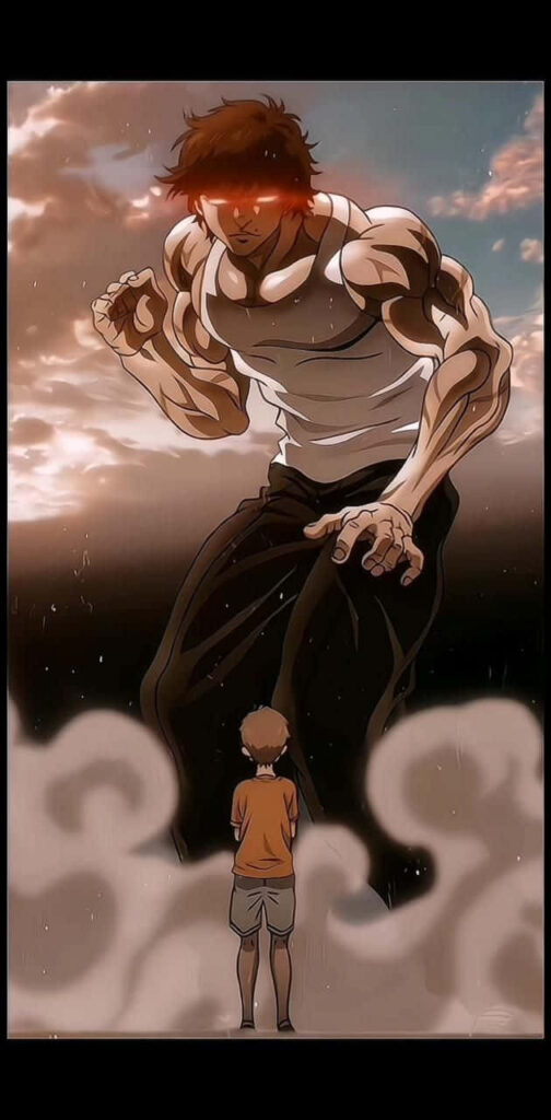 Baki Hanma towers at dusk in anime showdown scene against lone figure dramatic wallpaper background