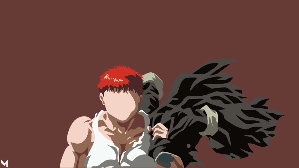 Minimalist young Baki Hanma illustration with red hair and torn black garment on maroon background Wallpaper