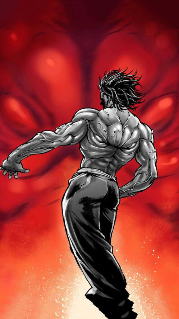 Baki Hanma powerful stance muscular back vivid red background intense face Grappler wallpaper