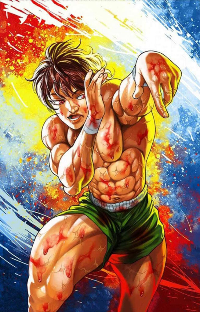 Baki Hanma intense fighting pose with muscular scarred body and vibrant red yellow blue background Wallpaper